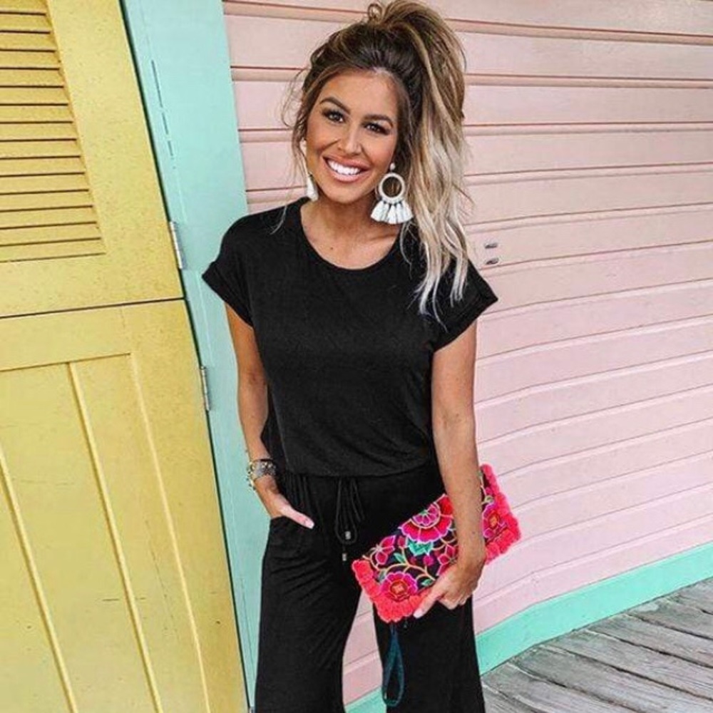 Short sleeve drawstring jumpsuit